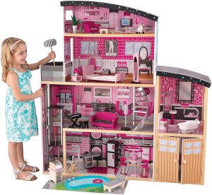 KidKraft- Sparkle Mansion Casa de muñecos de madera con muebles y accesorios incluidos, 3 pisos, para muñecos de 30 cm , Color Multicolor (65826)