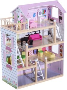 HOMCOM Casa de Muñecas con Muebles Mobiliario Casita Muñeca Jueguetes Madera con 13 Accesorios incluidos y 4 Niveles Color Rosa